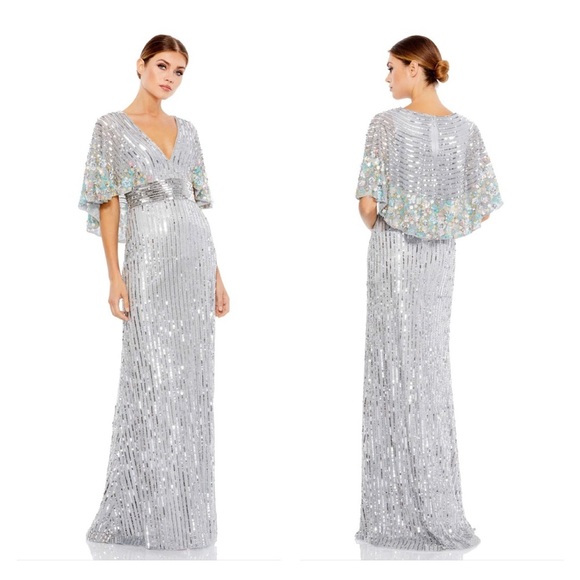 Mac Duggal 5221 NWOT SEQUINED V NECK FLORAL EMBELLISHED CAPE SLEEVE GOWN - Picture 1 of 7